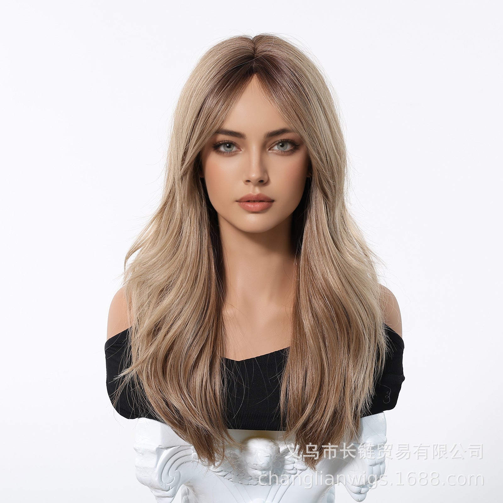 Honey Blonde Balayage Long Wavy Wig with Bangs - Golden Sun-Kissed Synthetic Hair - Synthetic Wig view 3