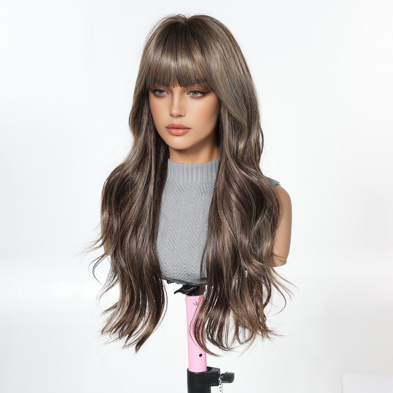 Ash Brown Caramel Body Wave Wig with Bangs - Warm Highlighted Synthetic Hair 24 Inch - Synthetic Wig view 3