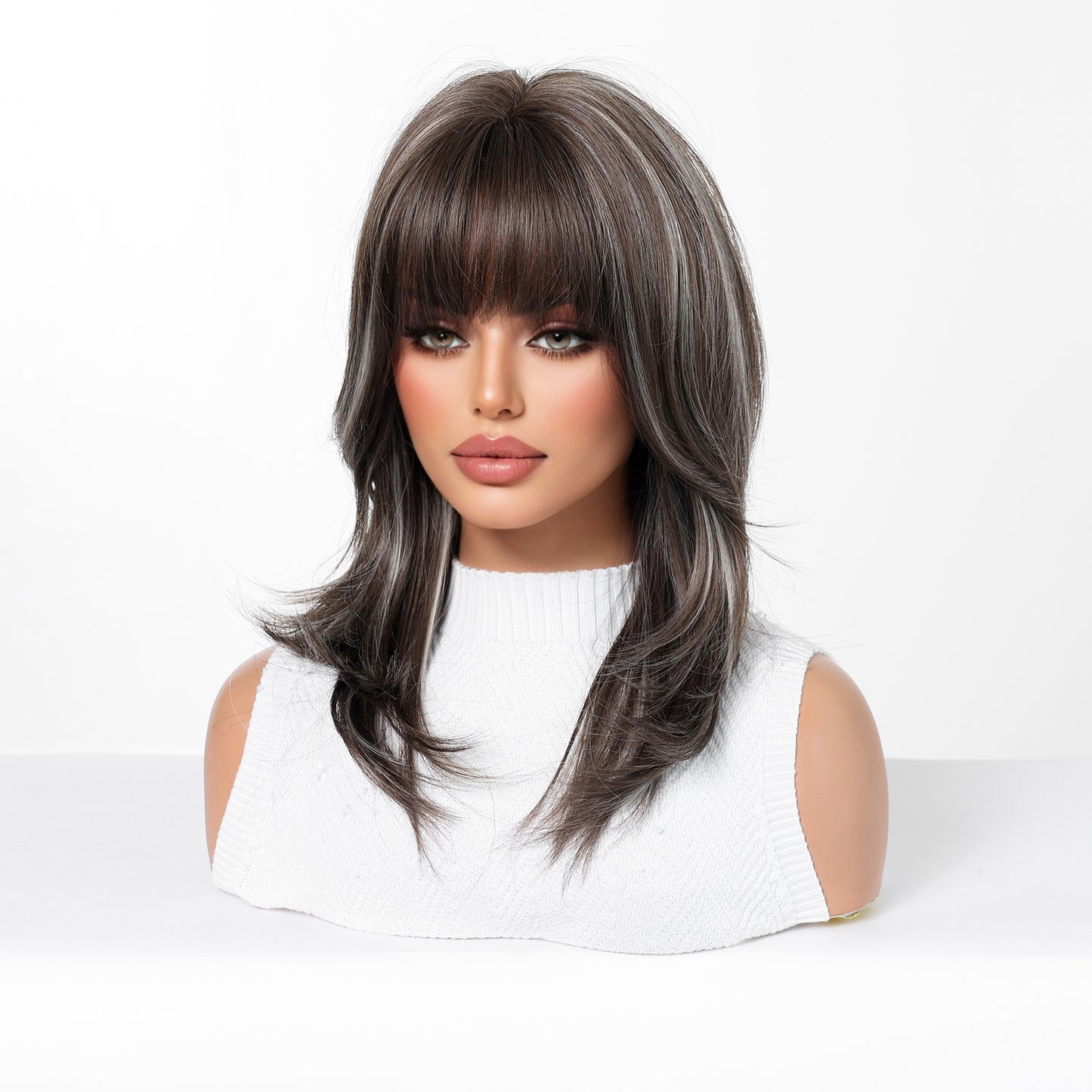 Dark Brown Silver Grey Highlighted Short Straight Wig with Bangs - Cool Two-Tone 18 Inch - Synthetic Wig view 4