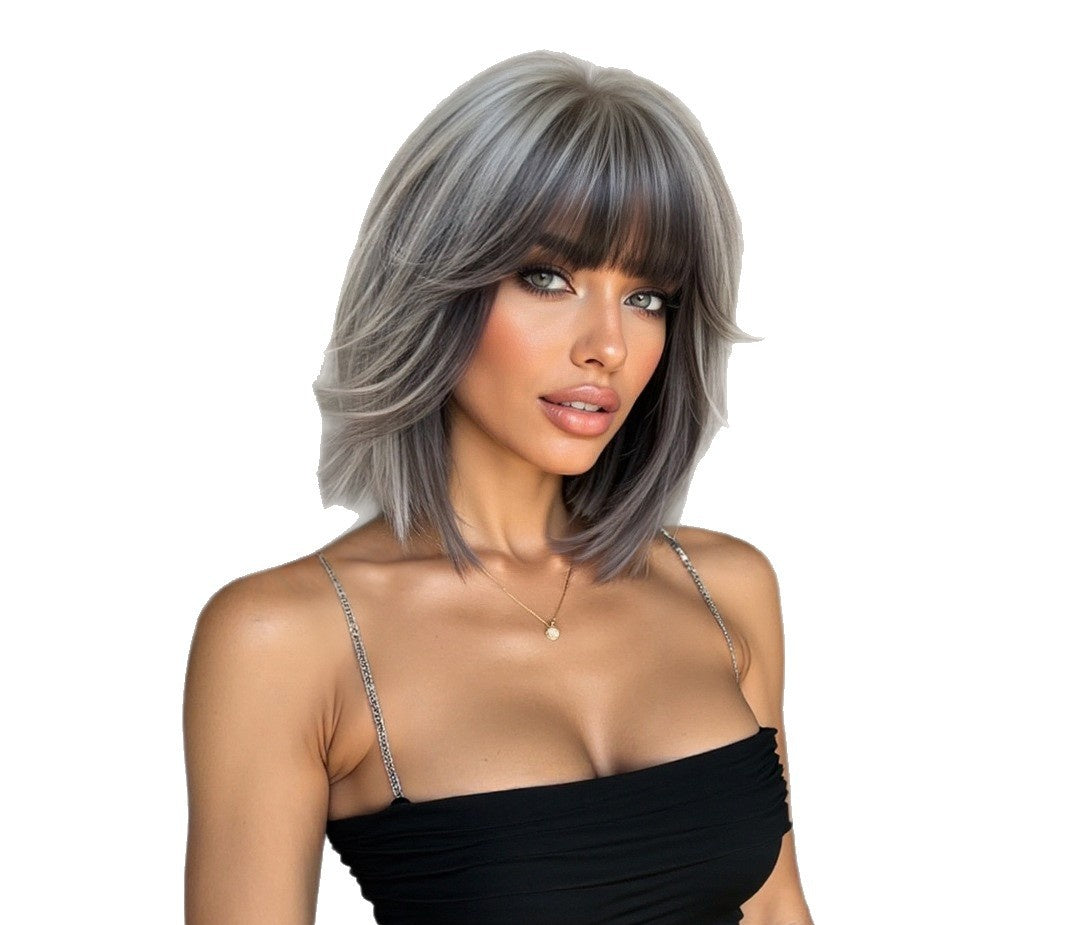 shoulder-length silver grey bob with bangs synthetic wig side view