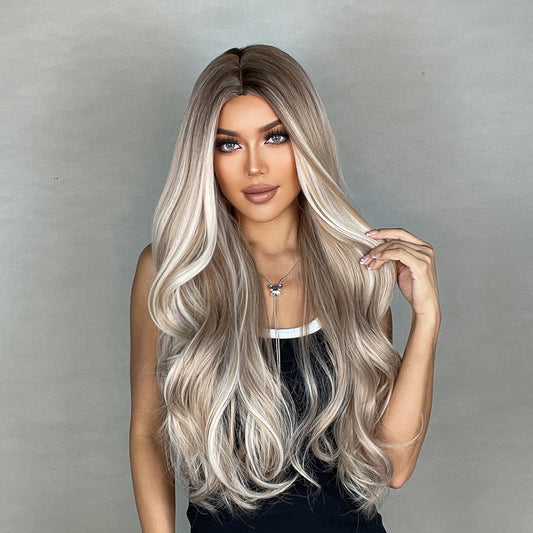 long light ash blonde wavy middle part synthetic wig front view