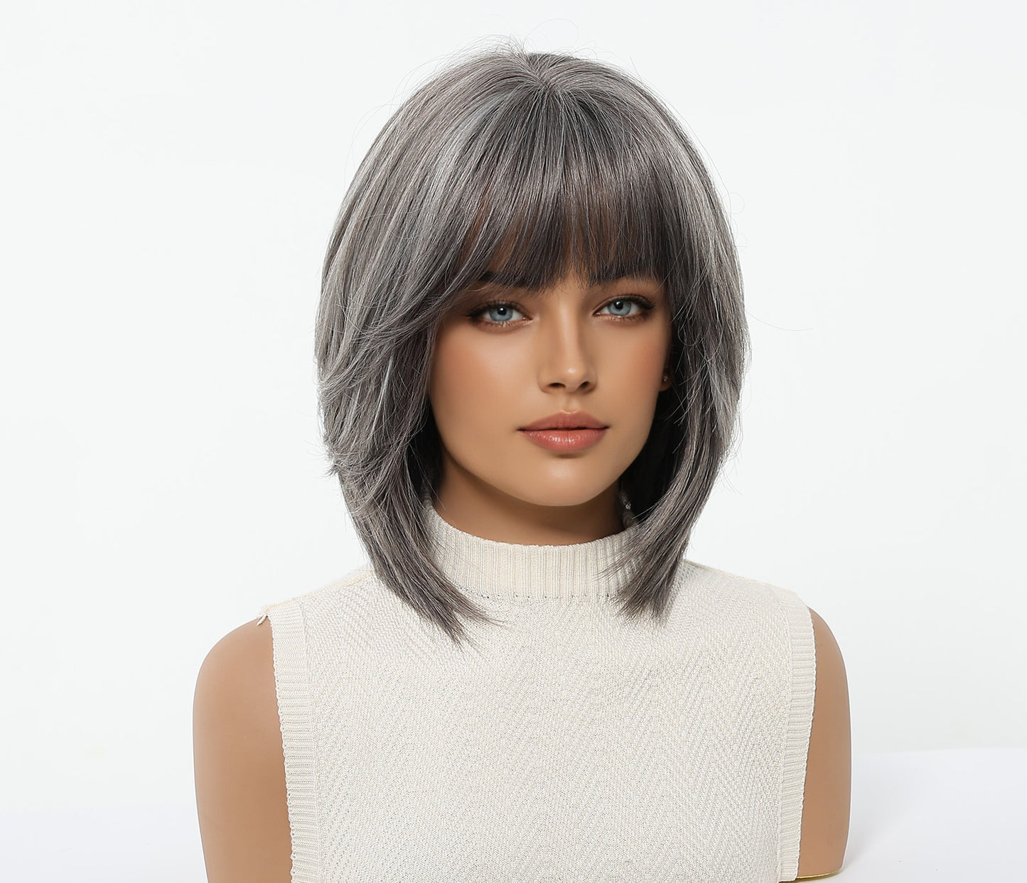 shoulder-length silver grey bob with bangs synthetic wig hair texture detail