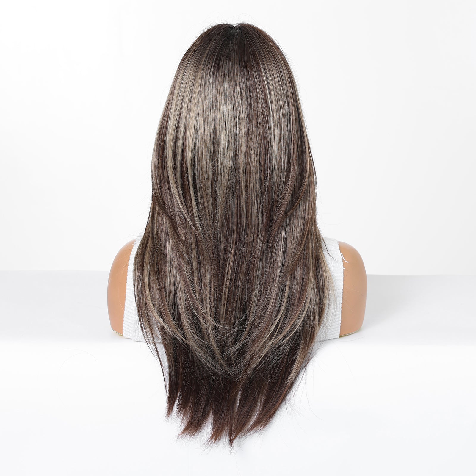 Brown Long Straight Wig with Blonde Highlights & Bangs - Warm Highlighted Synthetic Hair - Synthetic Wig view 5
