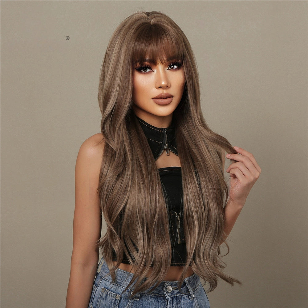 Mushroom Brown Caramel Body Wave Wig with Bangs - Cool Highlighted Synthetic Hair 24 Inch - Synthetic Wig view 2