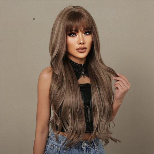 Mushroom Brown Caramel Body Wave Wig with Bangs - Cool Highlighted Synthetic Hair 24 Inch - Synthetic Wig view 2