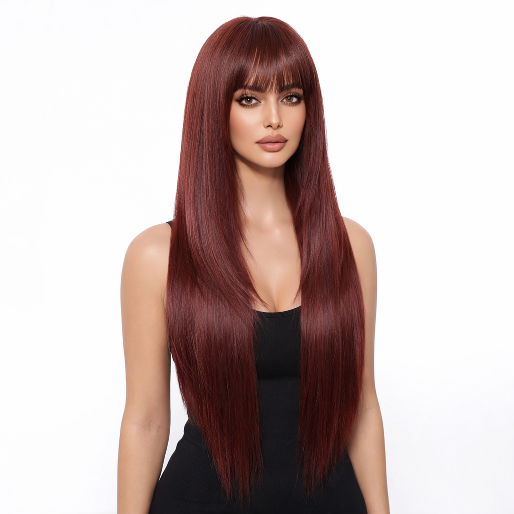 Burgundy Long Straight Wig with Bangs - Deep Wine Red Uniform Synthetic Hair 28 Inch - Synthetic Wig view 2