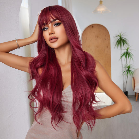 long wine red wavy with bangs synthetic wig side view