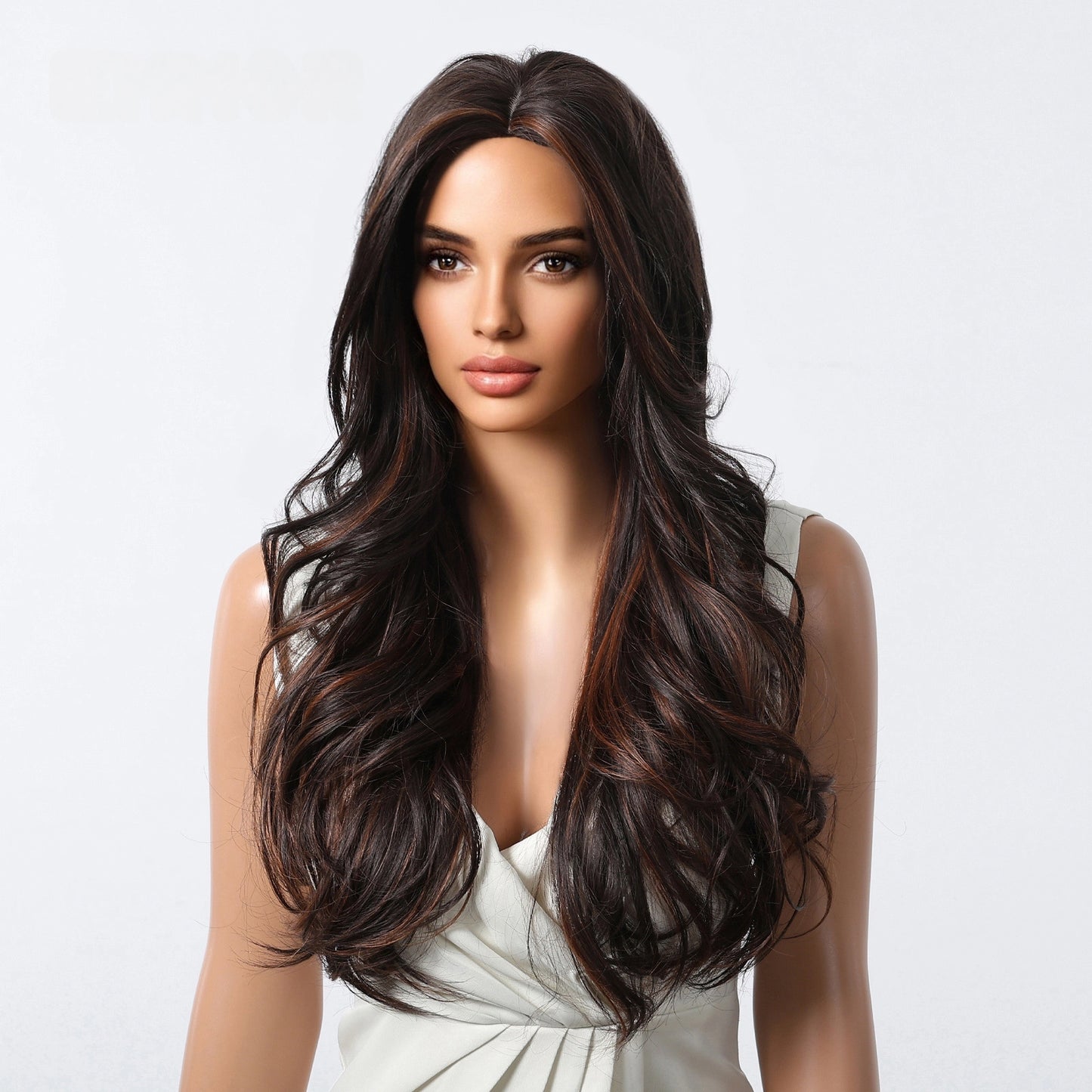 Dark Brown Long Deep Wave Wig - Warm Chestnut No Bangs Synthetic Hair 26 Inch - Synthetic Wig
