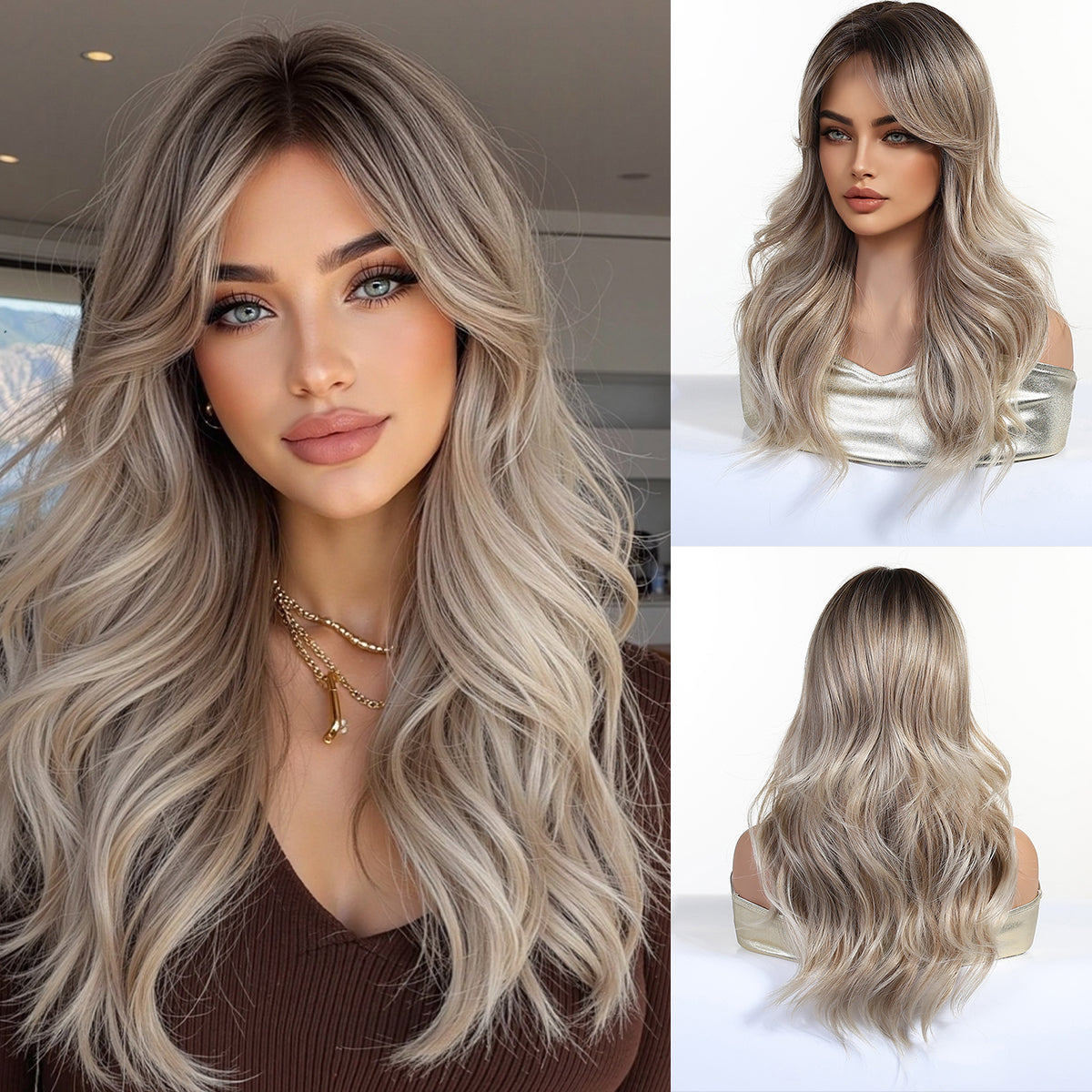 long ash blonde wavy with bangs synthetic wig front view