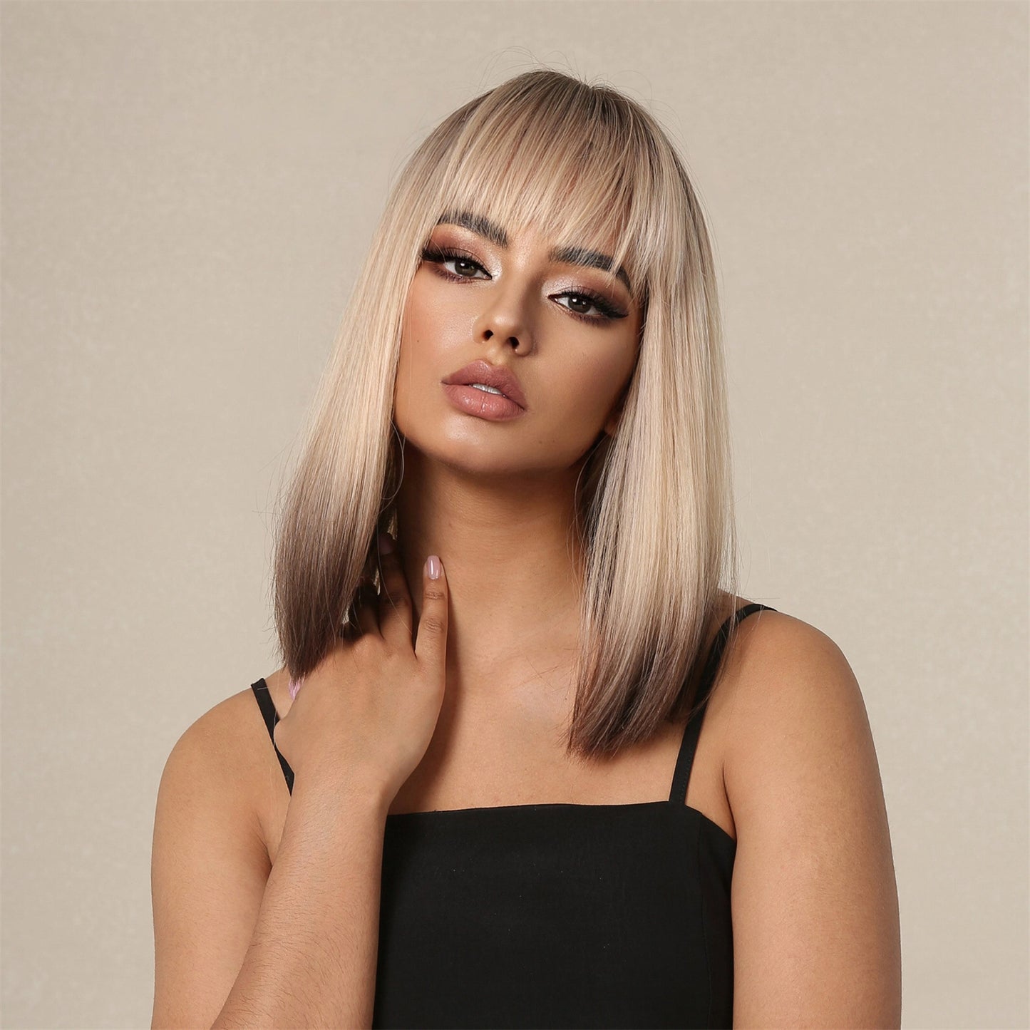 Ash Blonde Rooted Short Bob Wig - Dark Brown to Platinum Balayage Synthetic Hair - Synthetic Wig