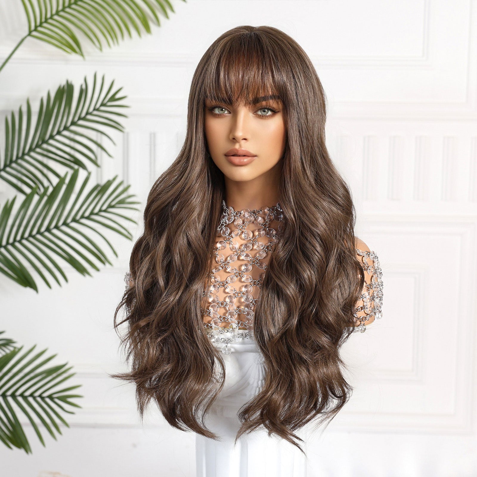 long chestnut brown body wave with bangs synthetic wig styling view