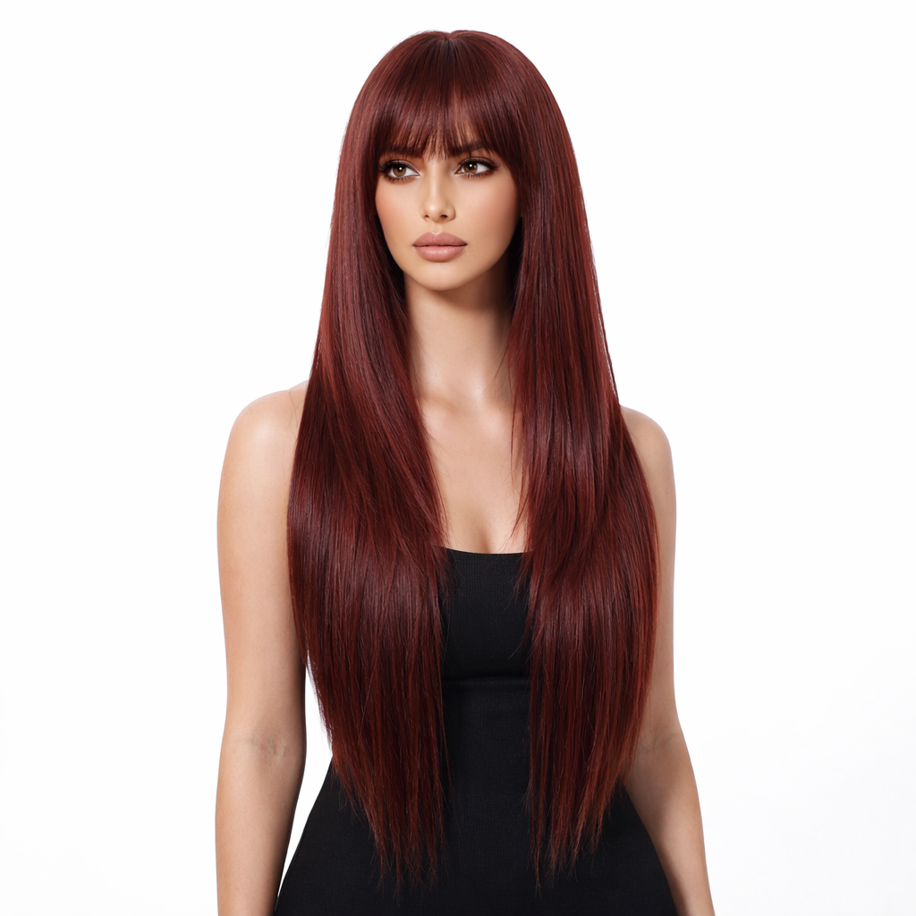 Burgundy Long Straight Wig with Bangs - Deep Wine Red Uniform Synthetic Hair 28 Inch - Synthetic Wig view 3