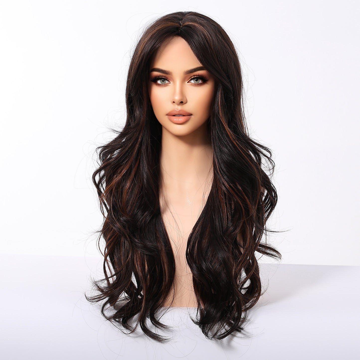 Dark Brown Long Deep Wave Wig with Bangs - Warm Chestnut Highlighted Synthetic Hair 24 Inch - Synthetic Wig view 3