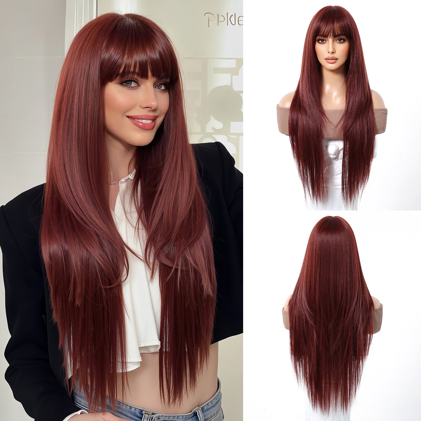 Burgundy Long Straight Wig with Bangs - Deep Wine Red Uniform Synthetic Hair 28 Inch - Synthetic Wig view 1