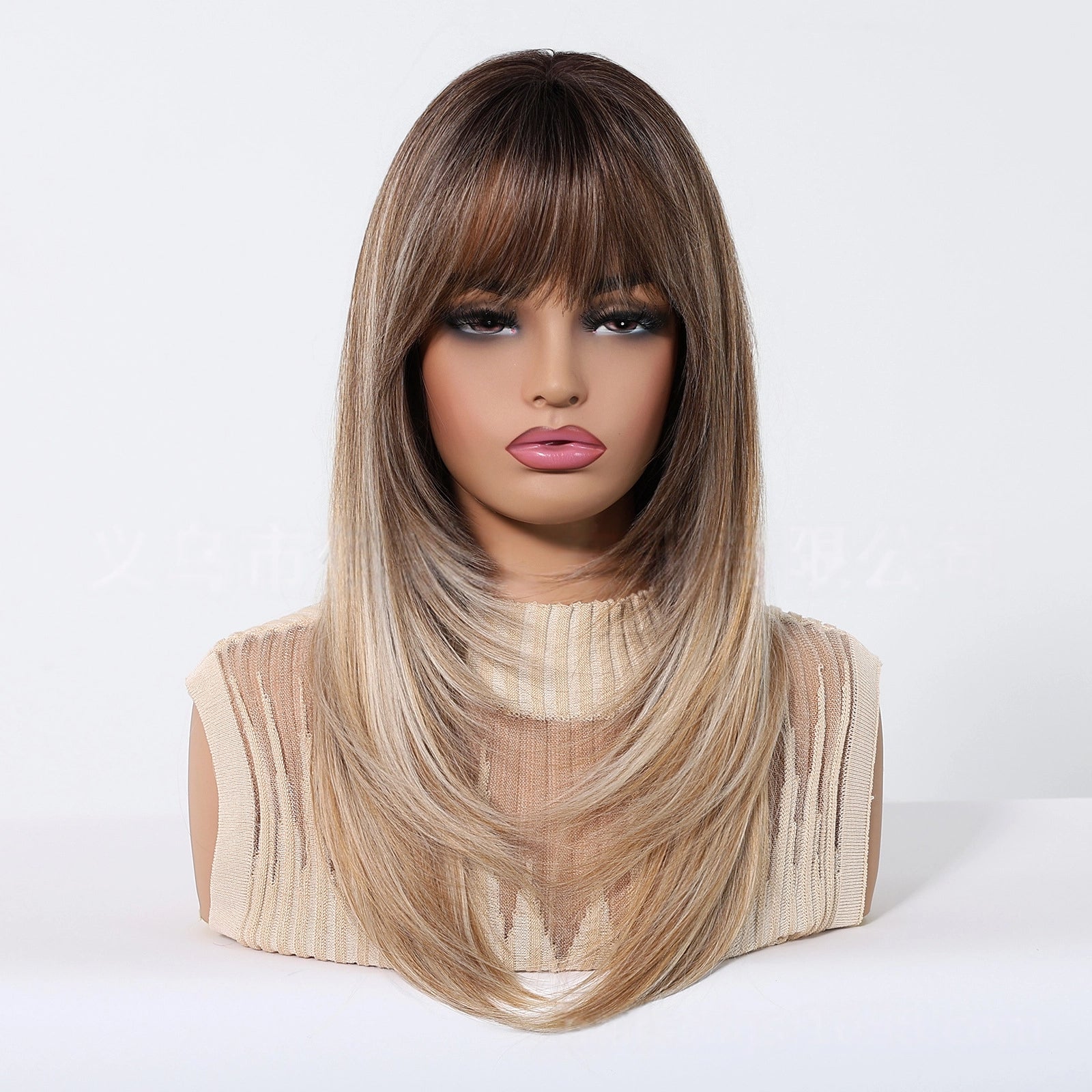 Honey Blonde Balayage Long Straight Wig with Bangs - Warm Brown Rooted Synthetic Hair 22 Inch - Synthetic Wig view 2