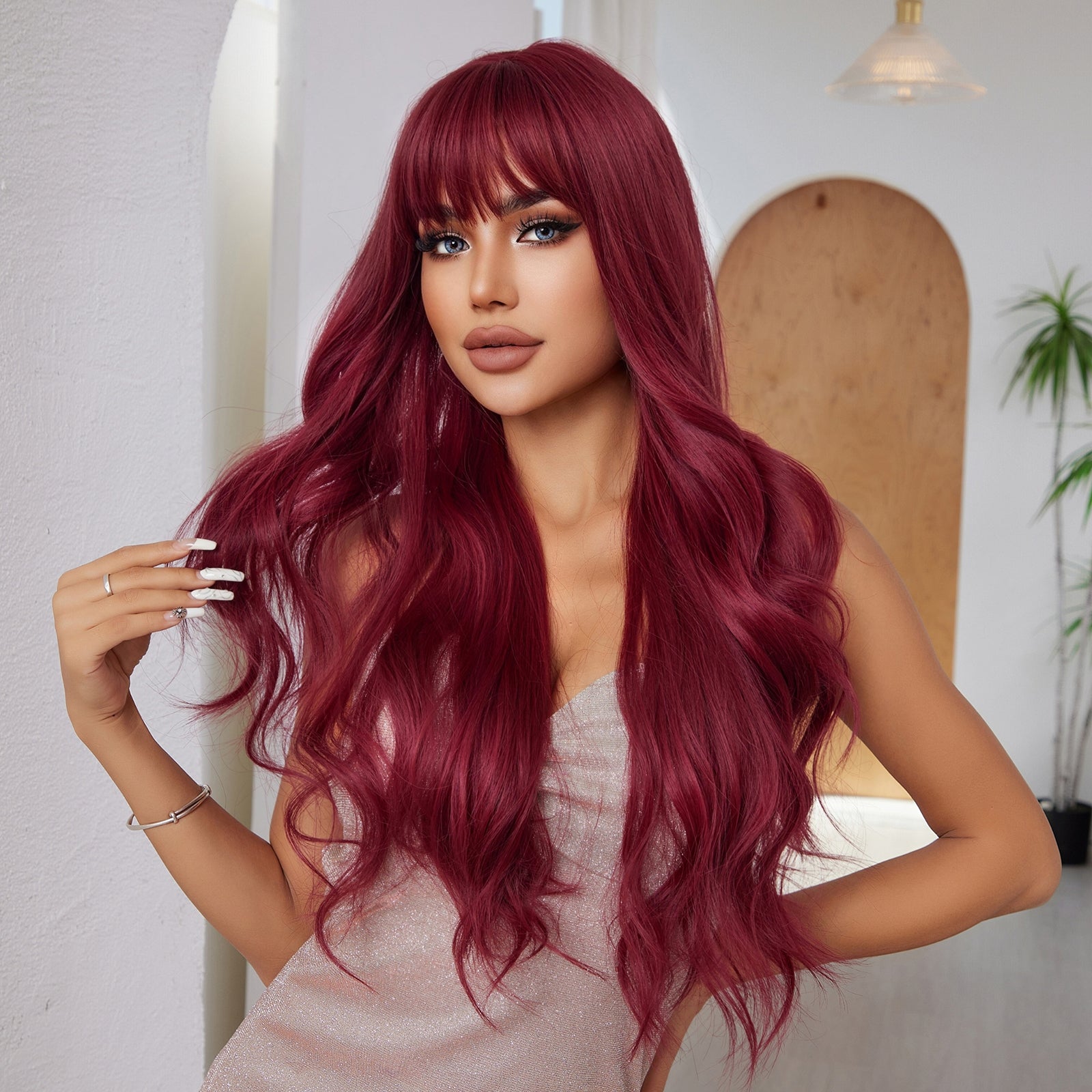 long wine red wavy with bangs synthetic wig hair texture detail