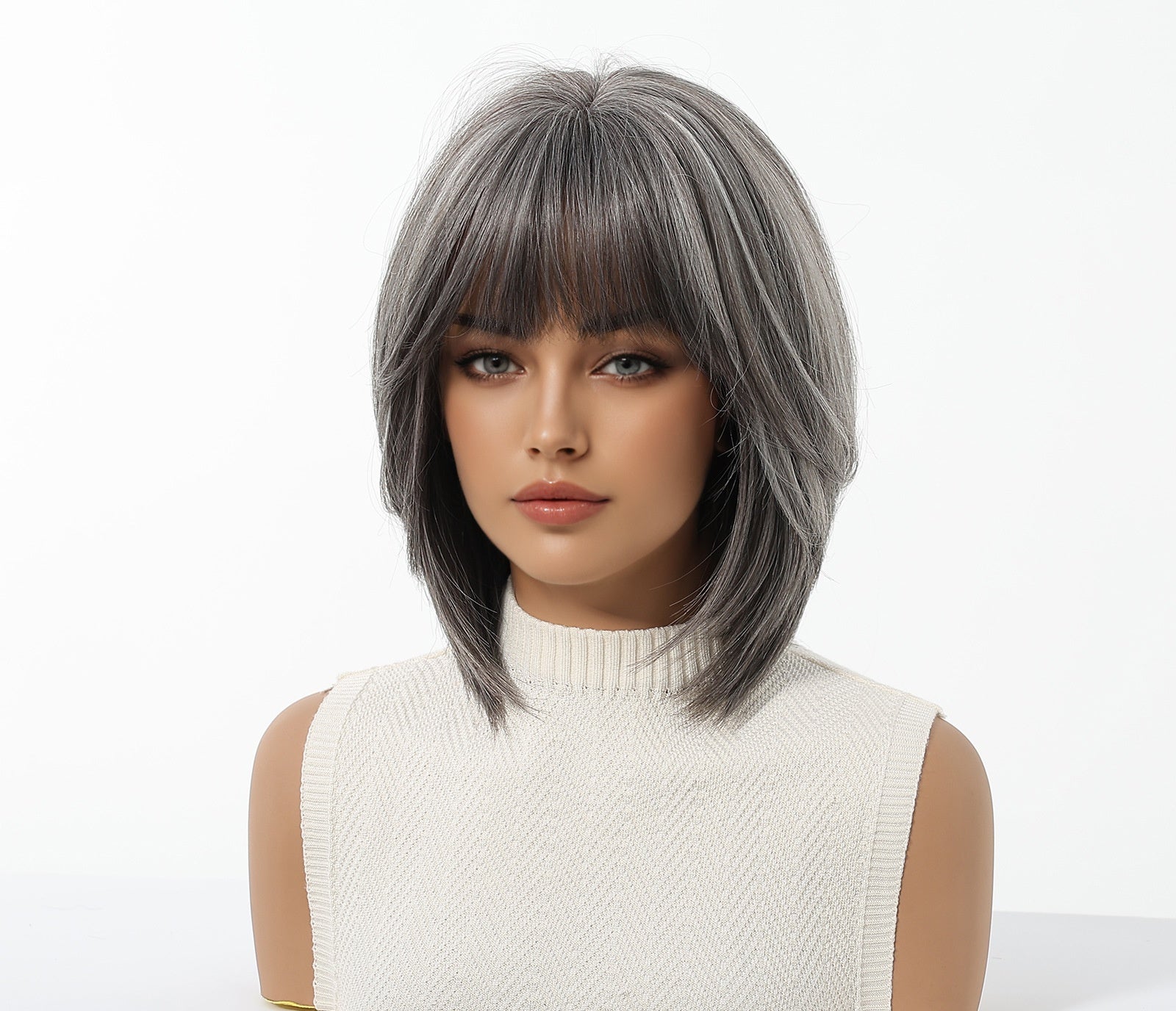 shoulder-length silver grey bob with bangs synthetic wig back view