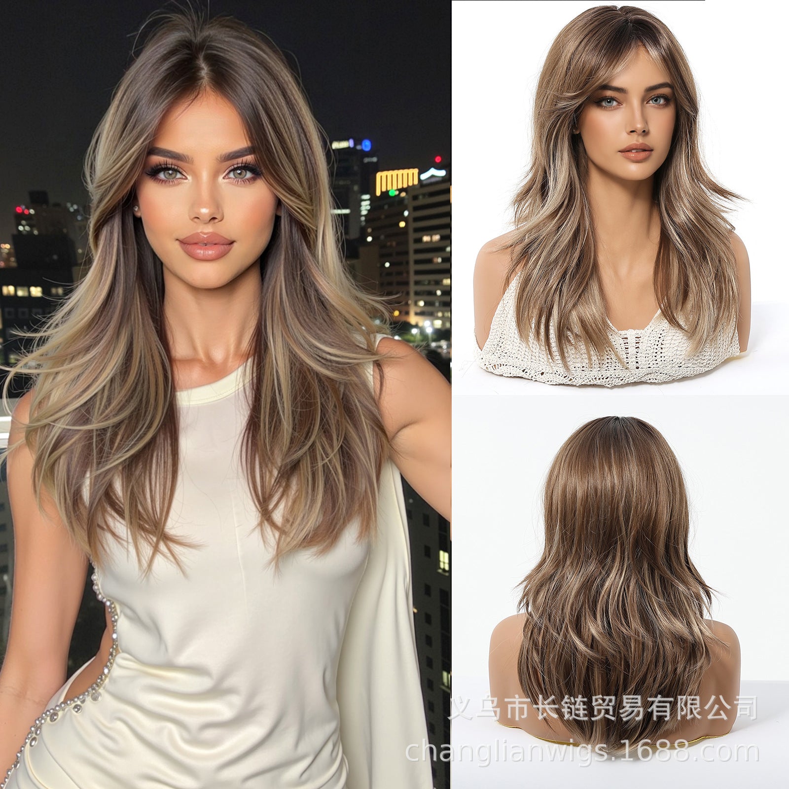 Classic Warm Brown Long Wavy Wig with Bangs - Natural Everyday Synthetic Hair - Synthetic Wig