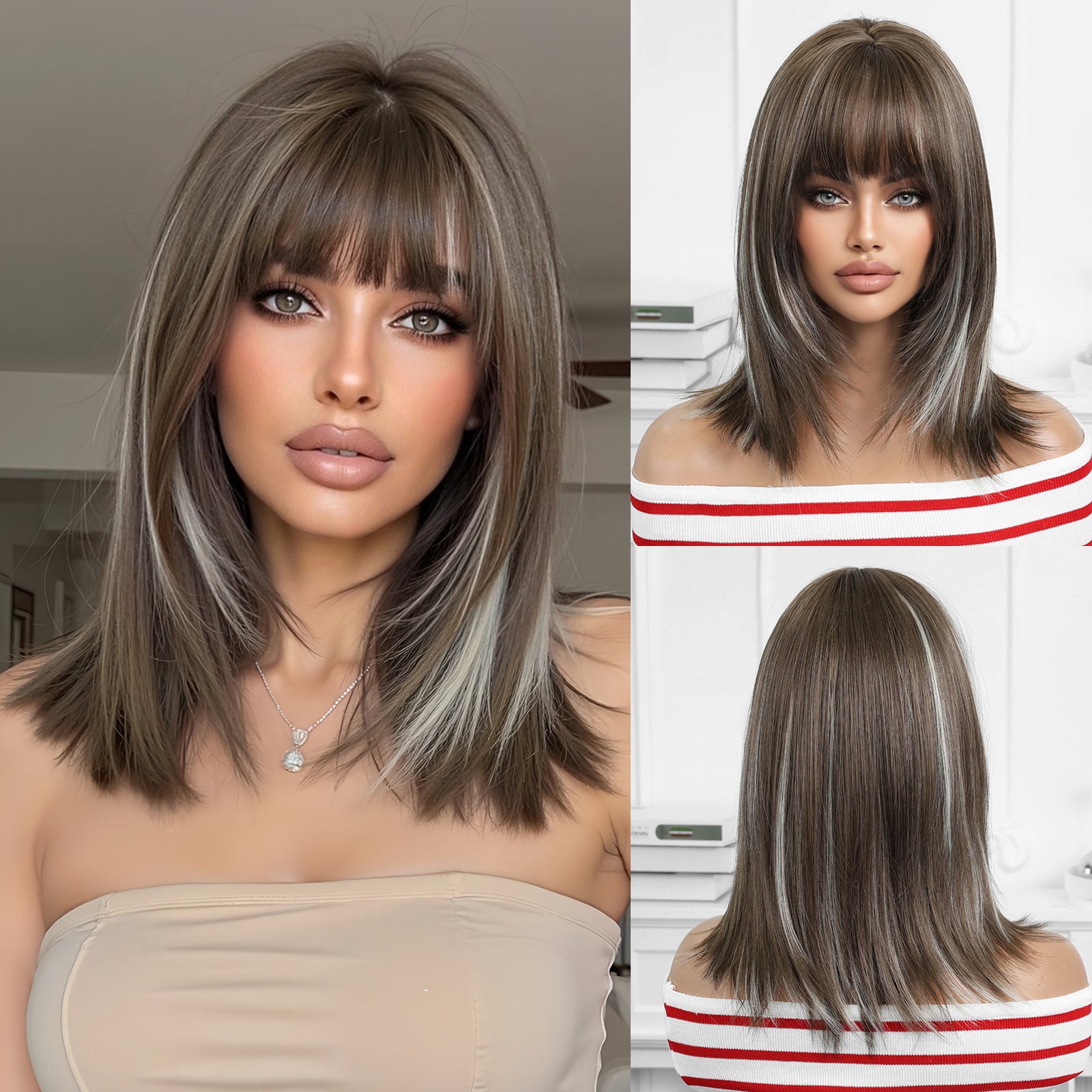 Brown Bob Wig with Silver Balayage Highlights & Bangs - Shoulder-Length Synthetic Hair - Synthetic Wig view 1