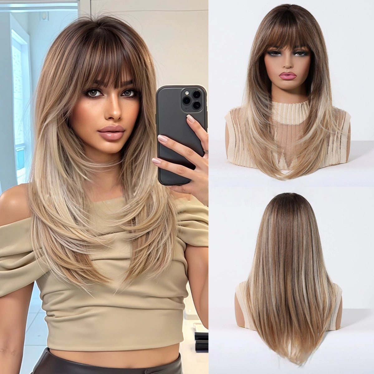 Honey Blonde Balayage Long Straight Wig with Bangs - Warm Brown Rooted Synthetic Hair 22 Inch - Synthetic Wig view 1