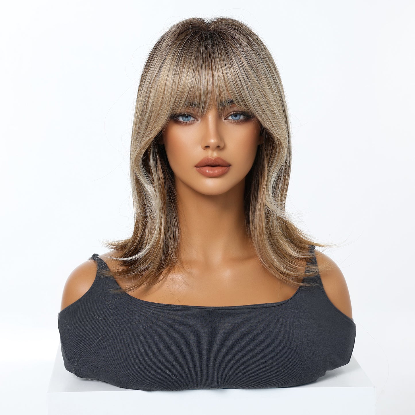 long bob brown to blonde balayage long bob with bangs synthetic wig side view