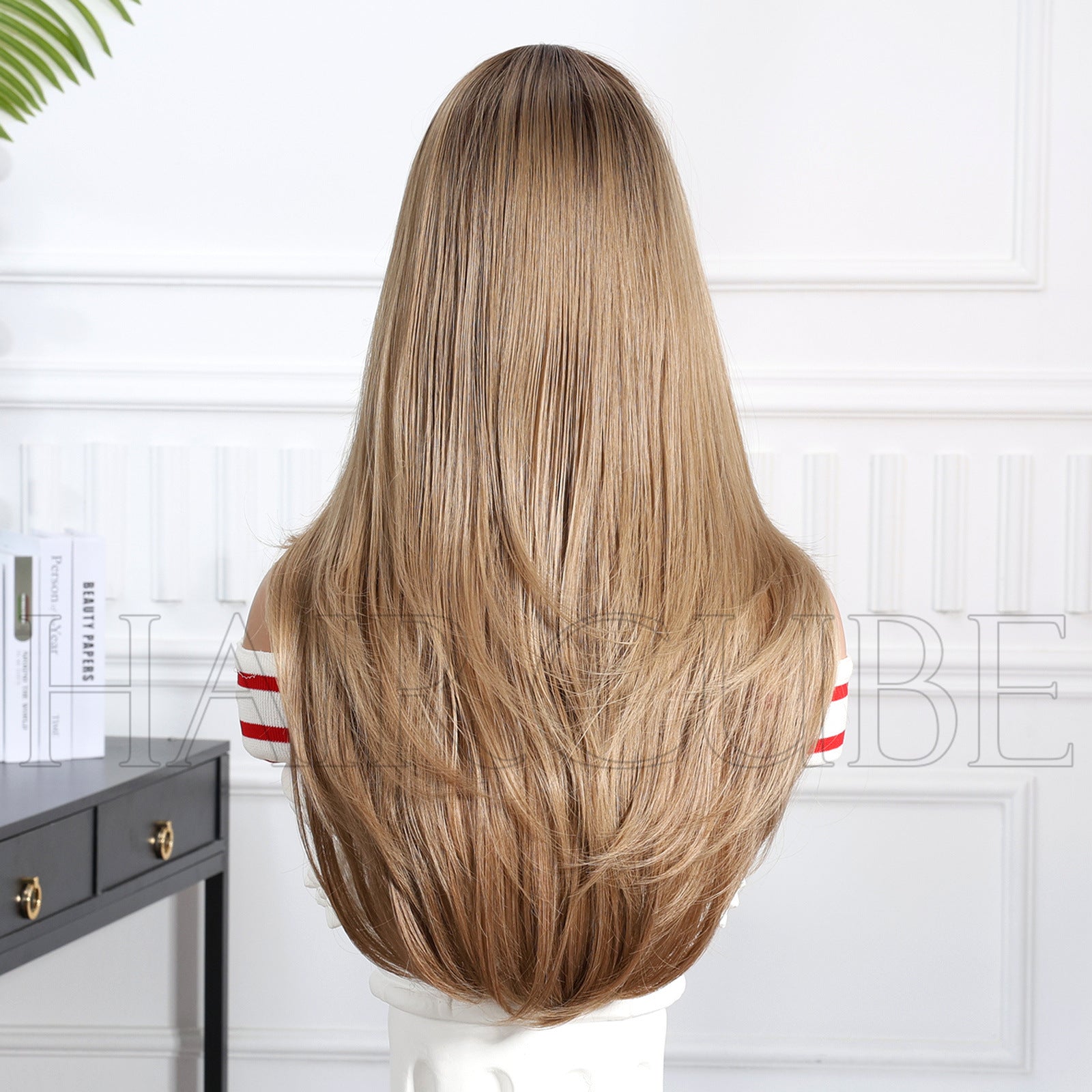 Ash Brown Honey Blonde Balayage Long Straight Wig with Bangs - Caramel Highlighted 26 Inch - Synthetic Wig view 2