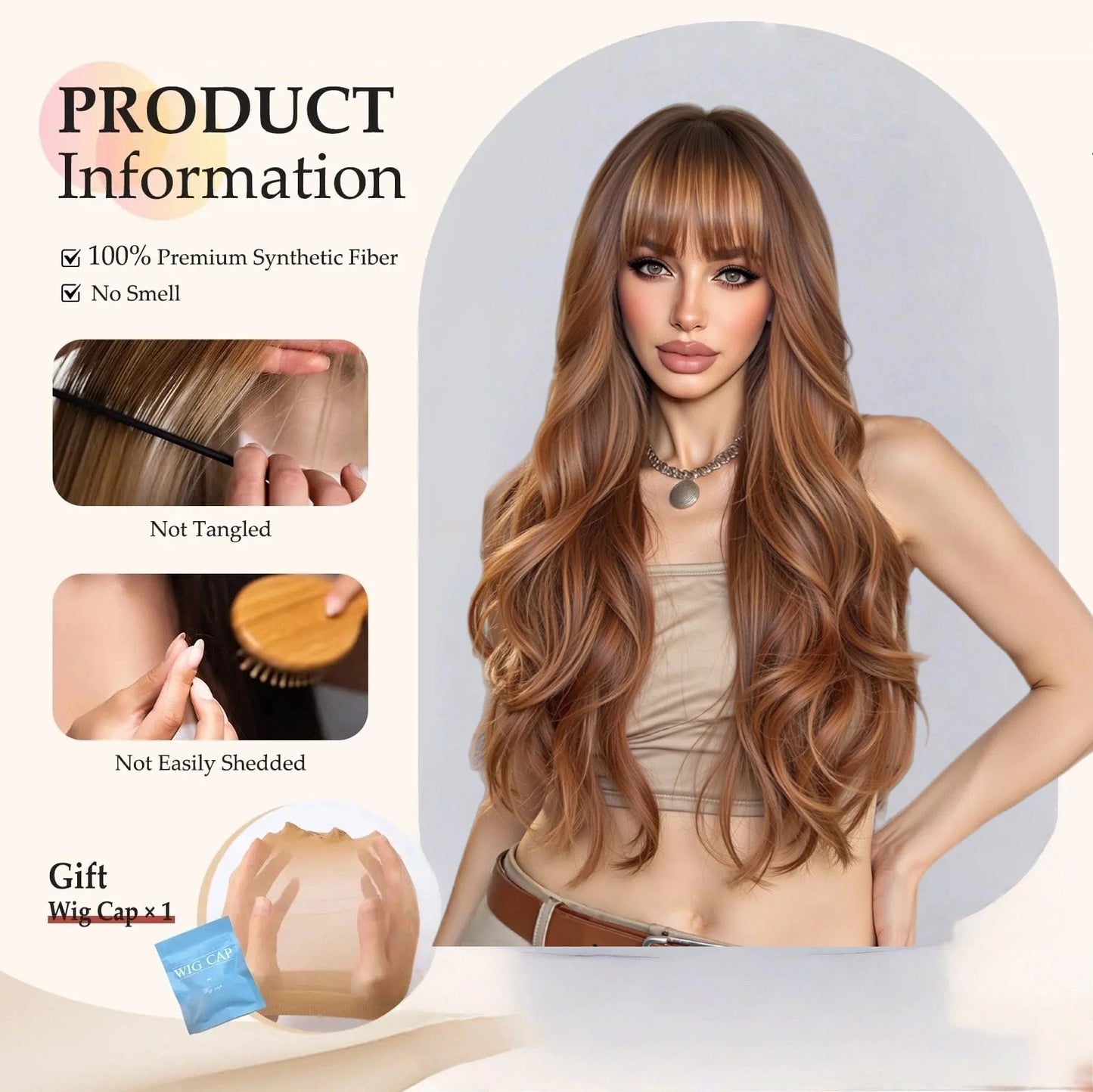 Warm Brown Caramel Long Body Wave Wig - Balayage Highlighted Synthetic Hair - Synthetic Wig