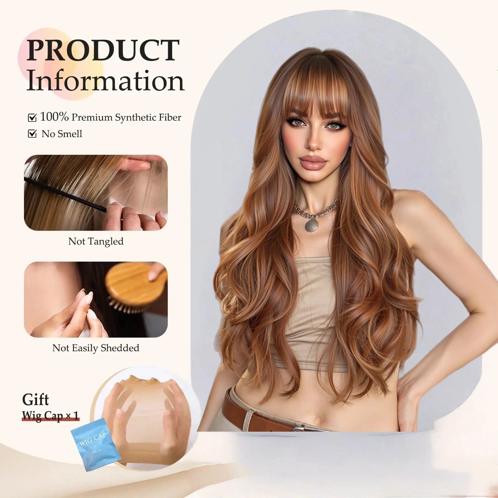 Warm Brown Caramel Long Body Wave Wig - Balayage Highlighted Synthetic Hair - Synthetic Wig