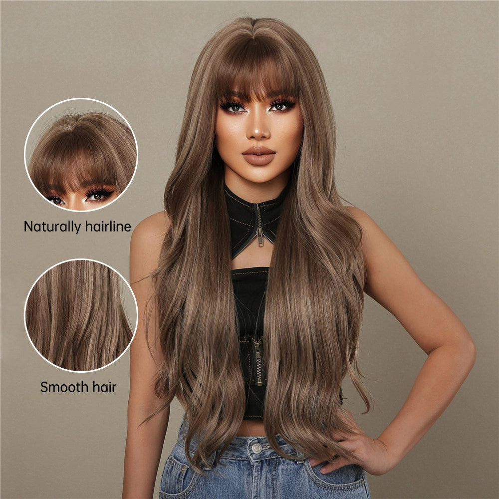 Mushroom Brown Caramel Body Wave Wig with Bangs - Cool Highlighted Synthetic Hair 24 Inch - Synthetic Wig view 4