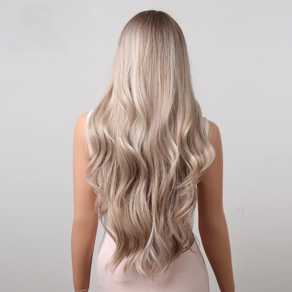 long light ash blonde wavy middle part synthetic wig hair texture detail