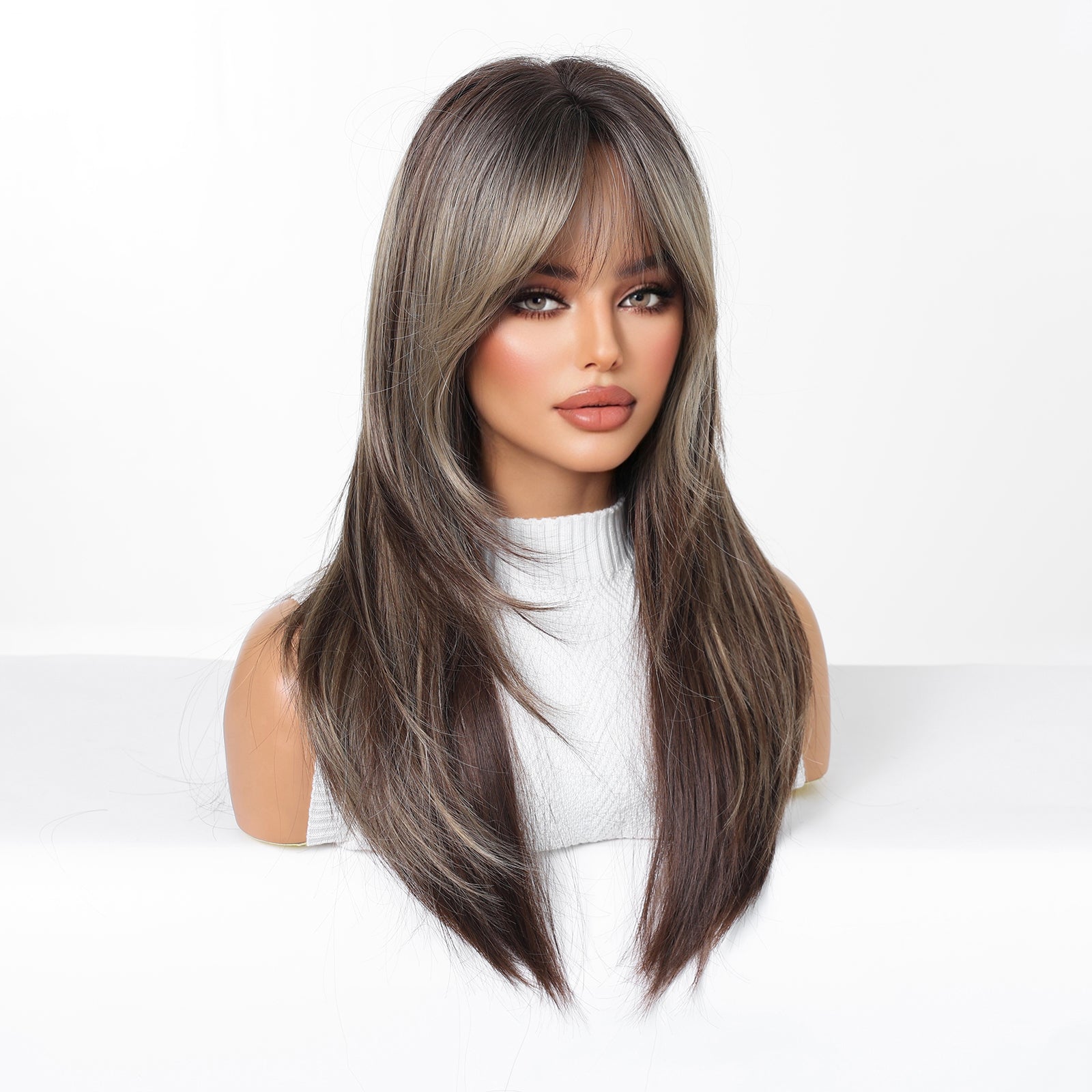 Brown Long Straight Wig with Blonde Highlights & Bangs - Warm Highlighted Synthetic Hair - Synthetic Wig view 4