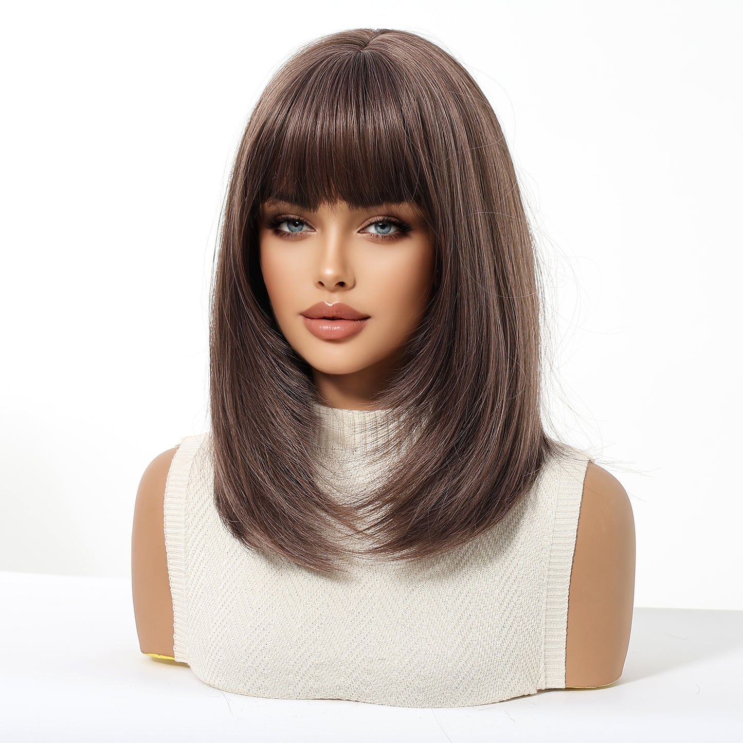 Dark Brown Short Bob Wig with Bangs - Warm Ash Brown Straight Synthetic Hair 14 Inch - Synthetic Wig view 2
