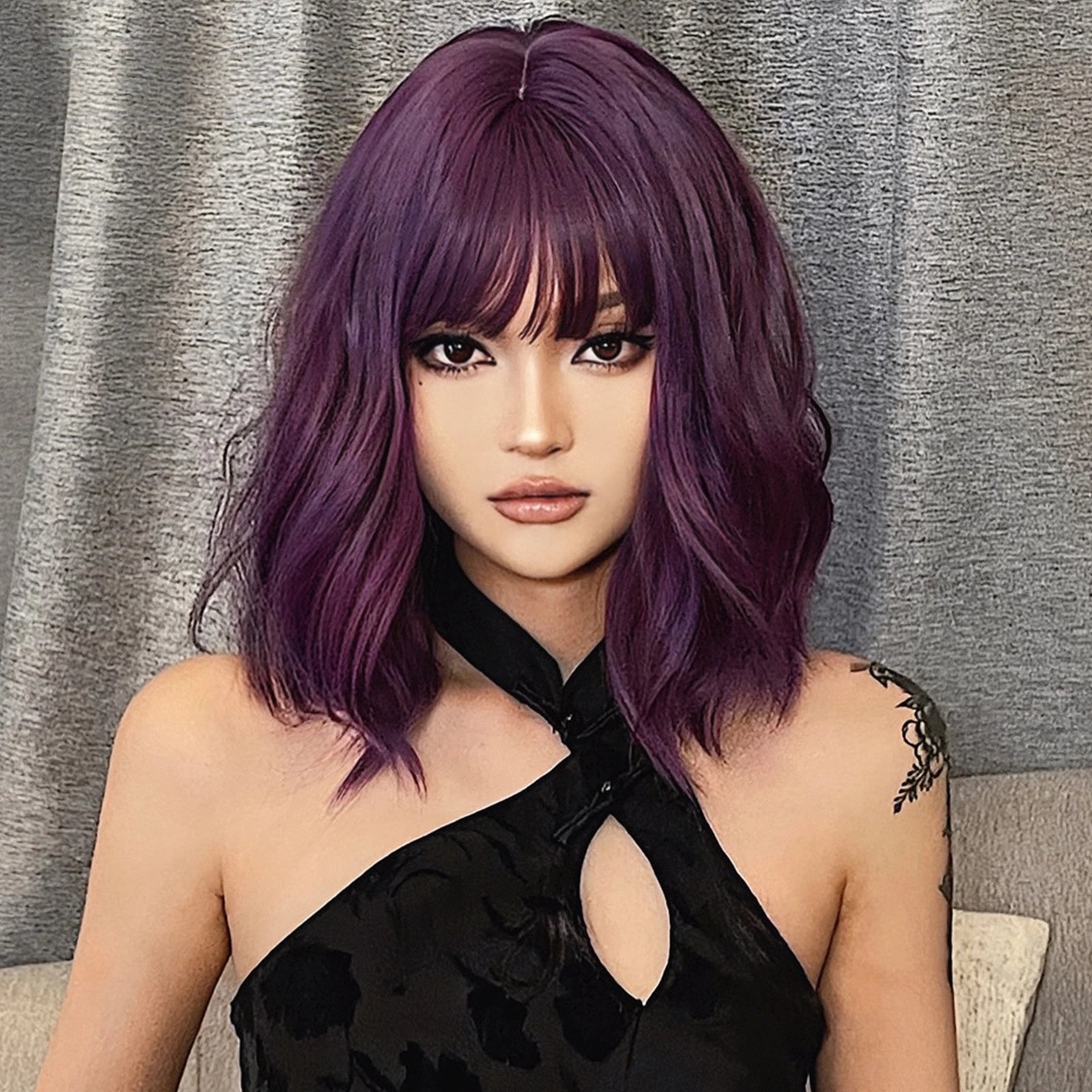 Deep Purple Body Wave Wig with Bangs - Vivid Fashion Color Synthetic Hair - Synthetic Wig view 2