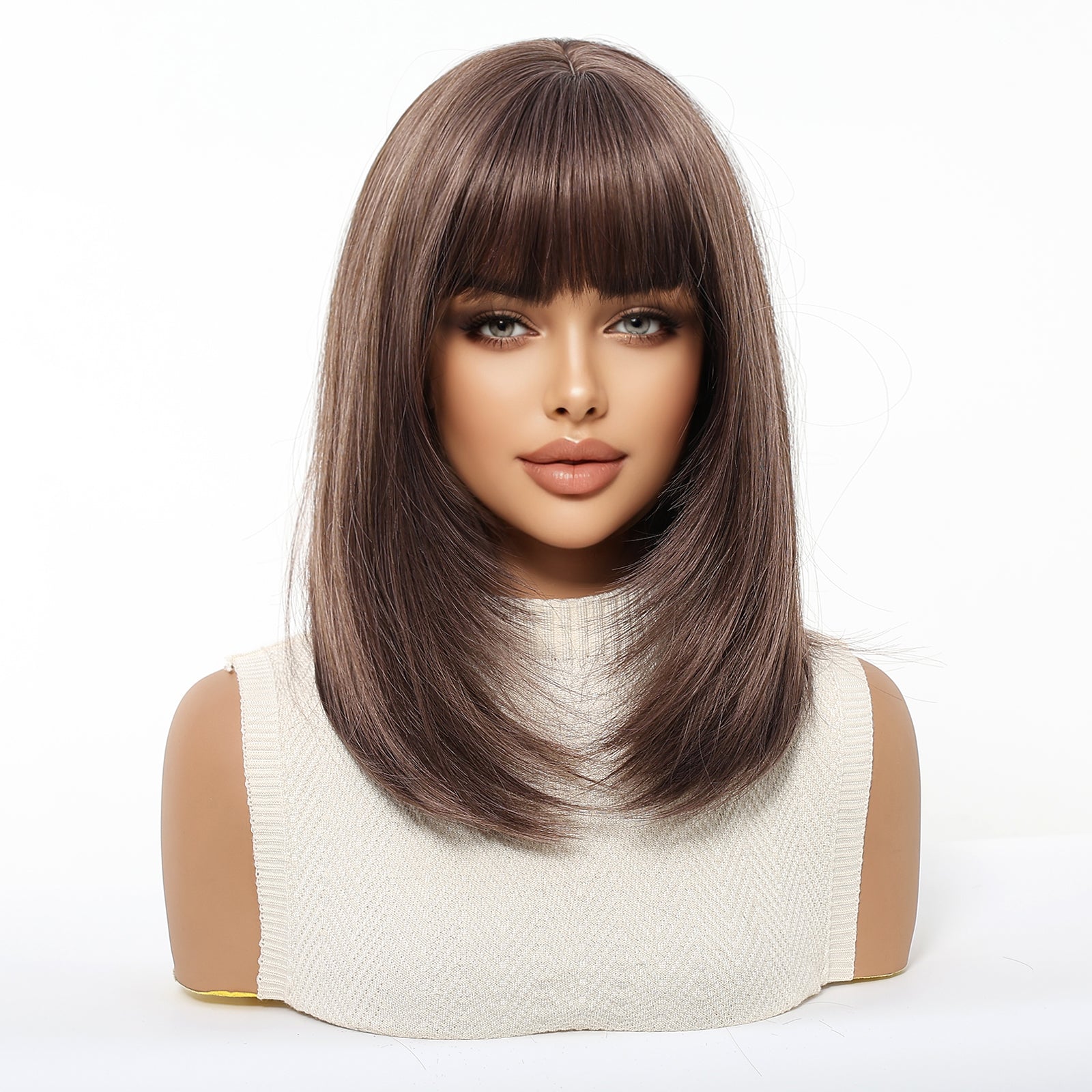 Dark Brown Short Bob Wig with Bangs - Warm Ash Brown Straight Synthetic Hair 14 Inch - Synthetic Wig view 3