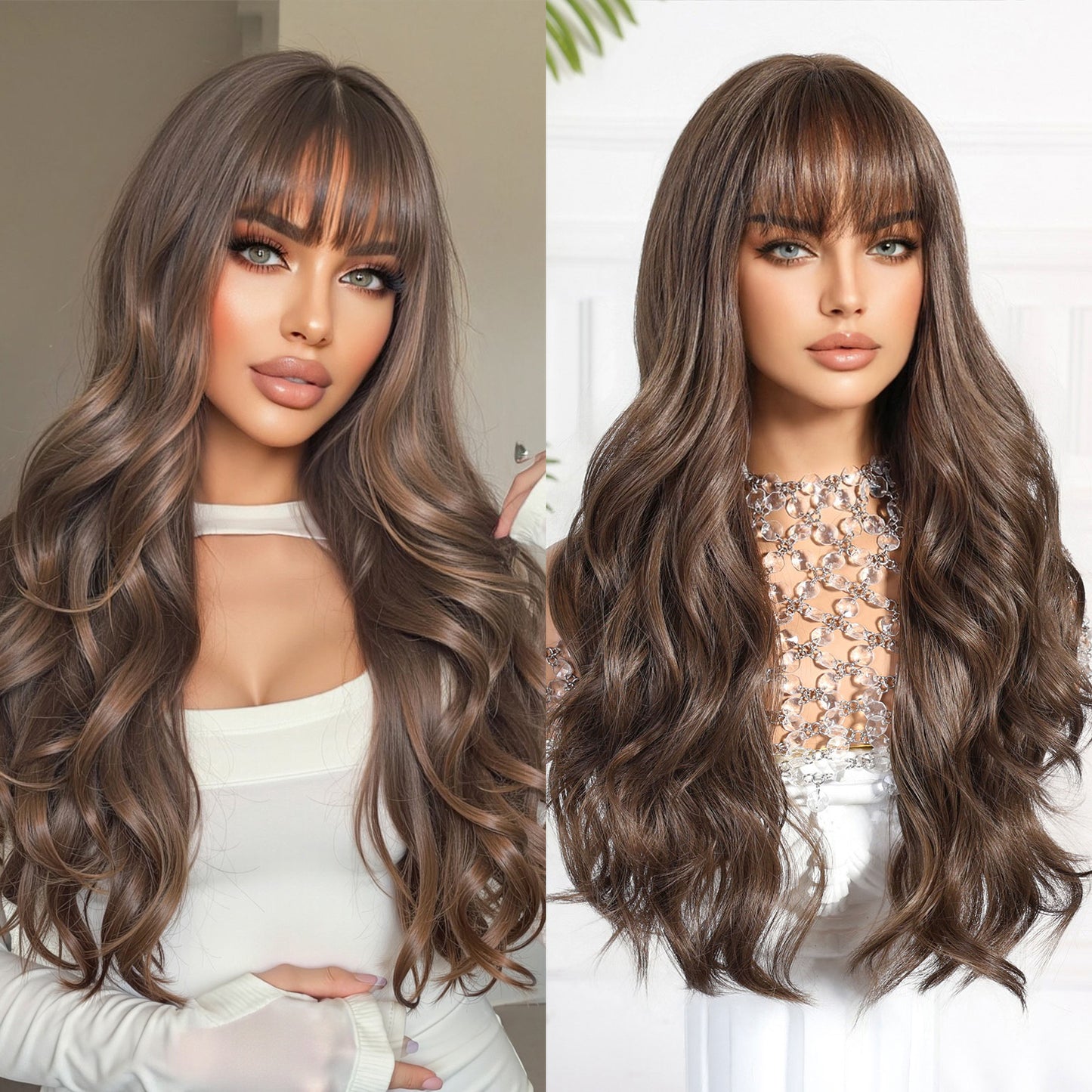 long chestnut brown body wave with bangs synthetic wig side view
