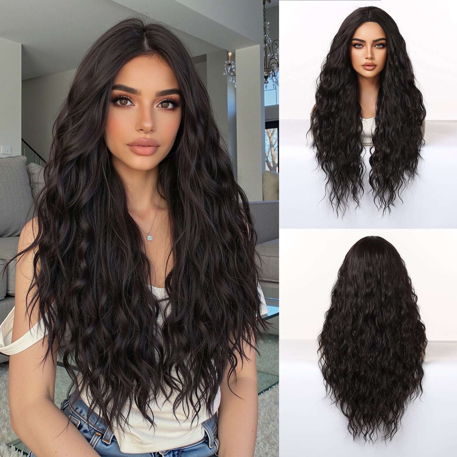Jet Black Extra-Long Deep Wave Wig - No Bangs Synthetic Hair 28 Inch - Synthetic Wig view 1