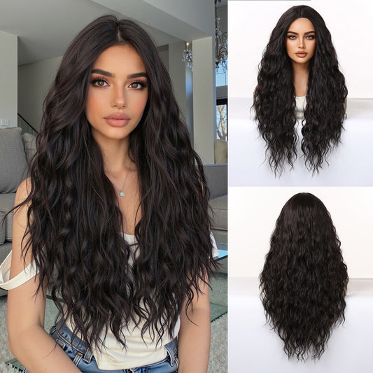 Jet Black Extra-Long Deep Wave Wig - No Bangs Synthetic Hair 28 Inch - Synthetic Wig view 1
