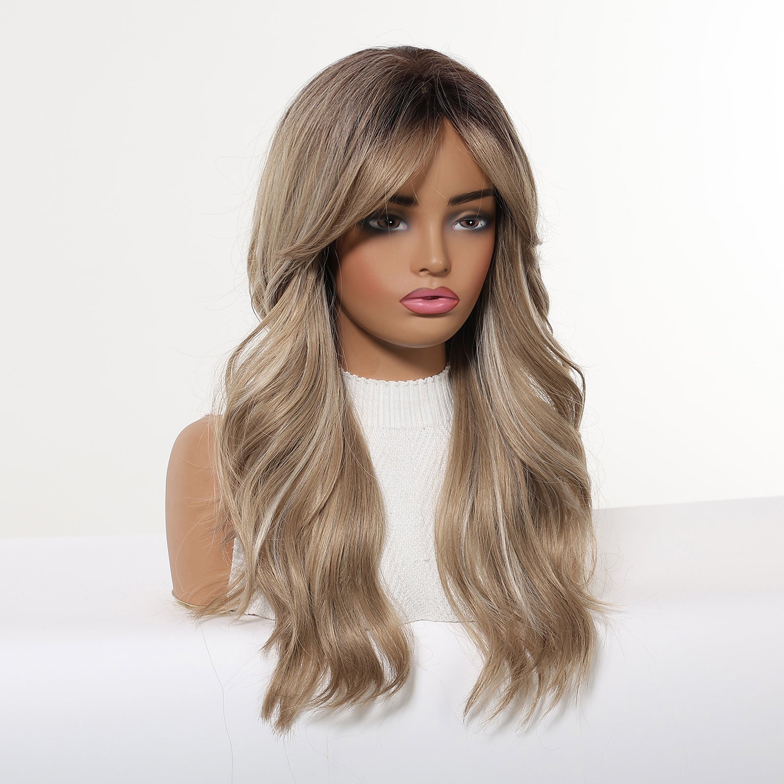 Brown Blonde Balayage Long Wavy Wig with Bangs – Rooted Synthetic Hair