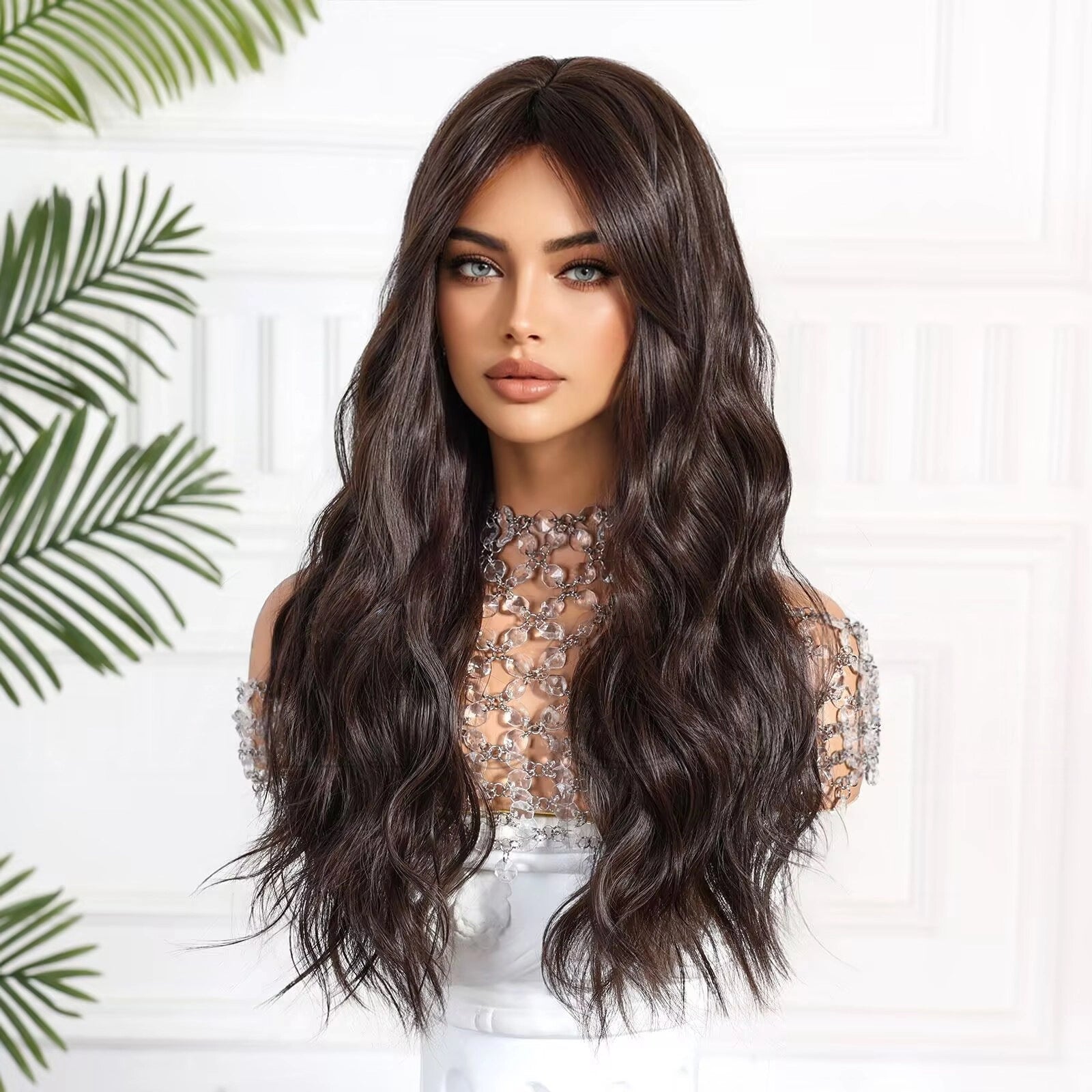 Dark Brown Long Deep Wave Wig - Rich Warm Synthetic Hair - Synthetic Wig