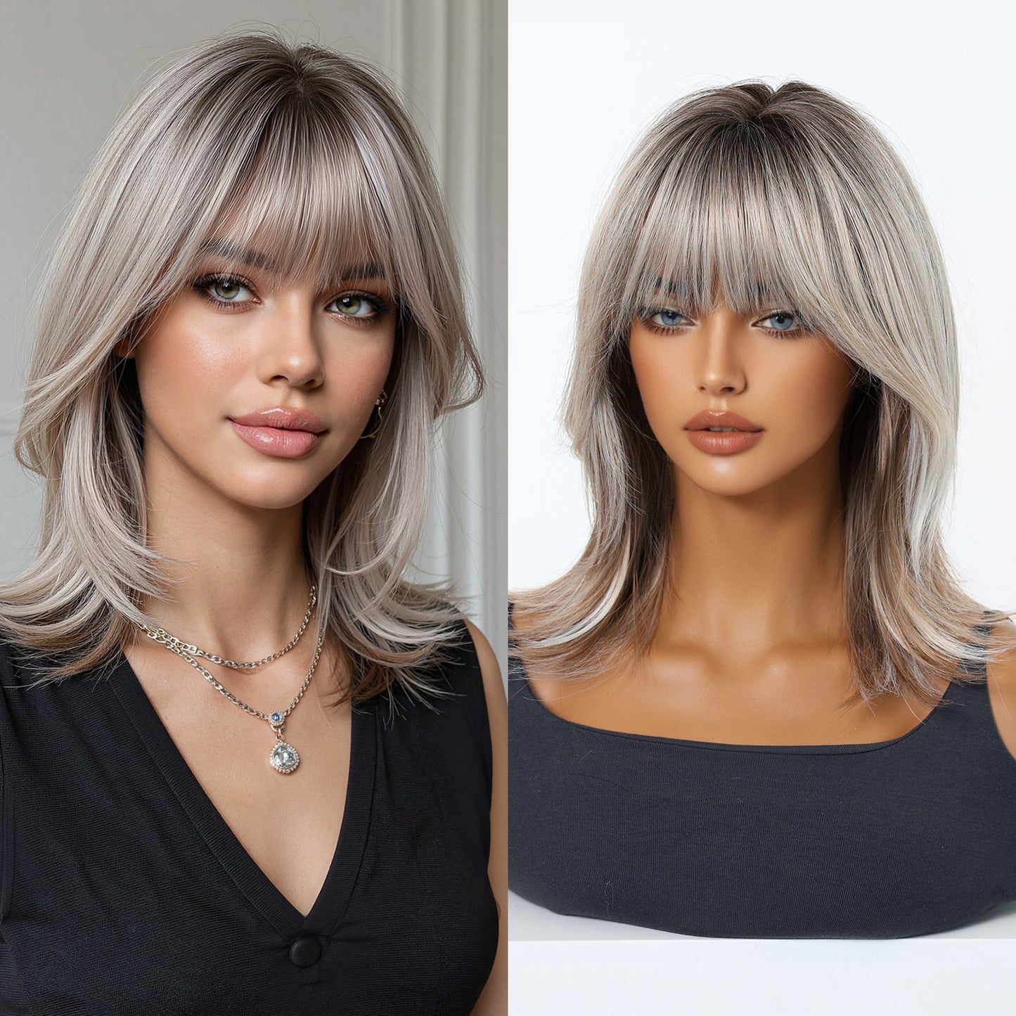 Ash Blonde Silver Rooted Short Bob Wig with Bangs - Cool Icy Synthetic Hair 16 Inch - Synthetic Wig view 1