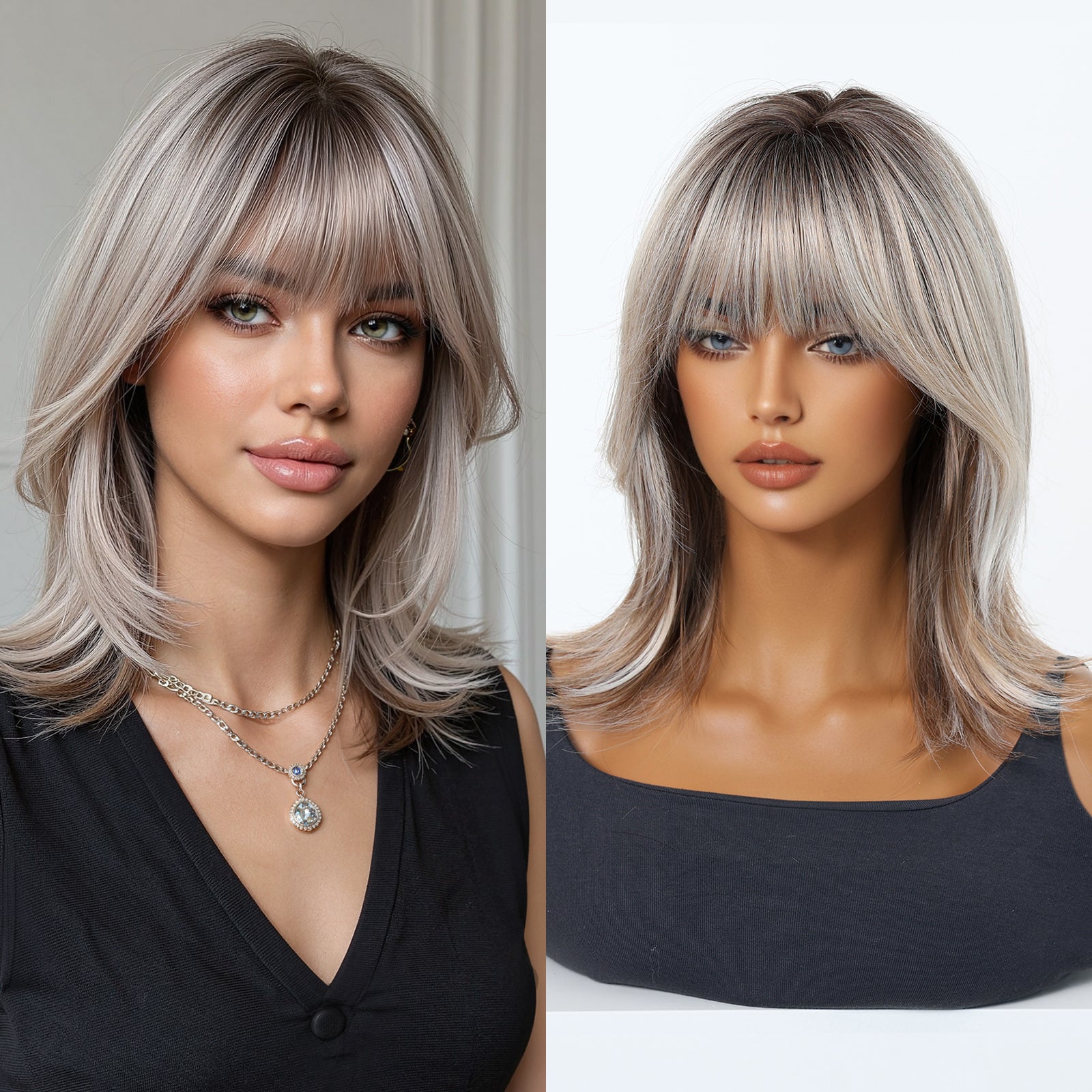Ash Blonde Silver Rooted Short Bob Wig with Bangs - Cool Icy Synthetic Hair 16 Inch - Synthetic Wig view 1