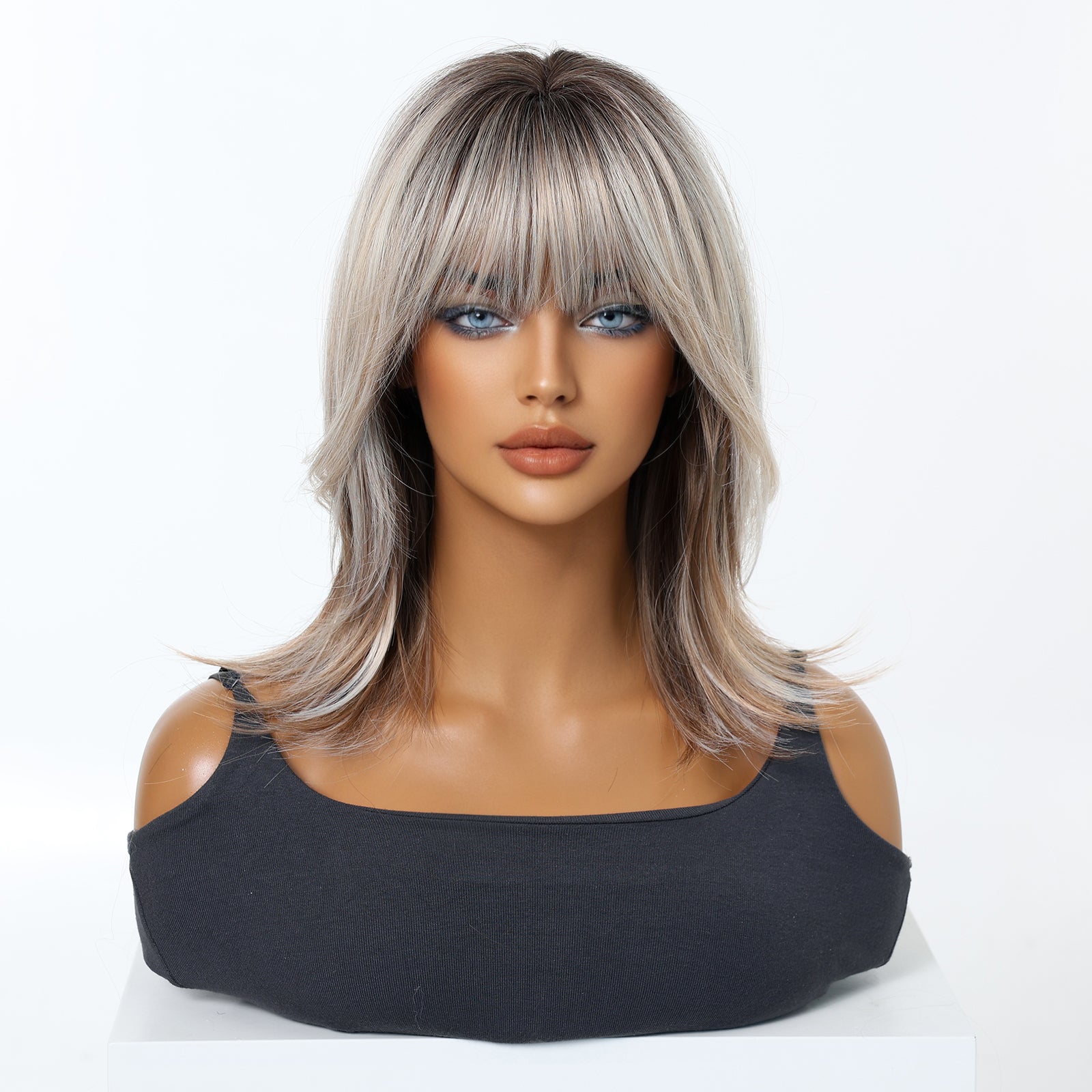 Ash Blonde Silver Rooted Short Bob Wig with Bangs - Cool Icy Synthetic Hair 16 Inch - Synthetic Wig view 2