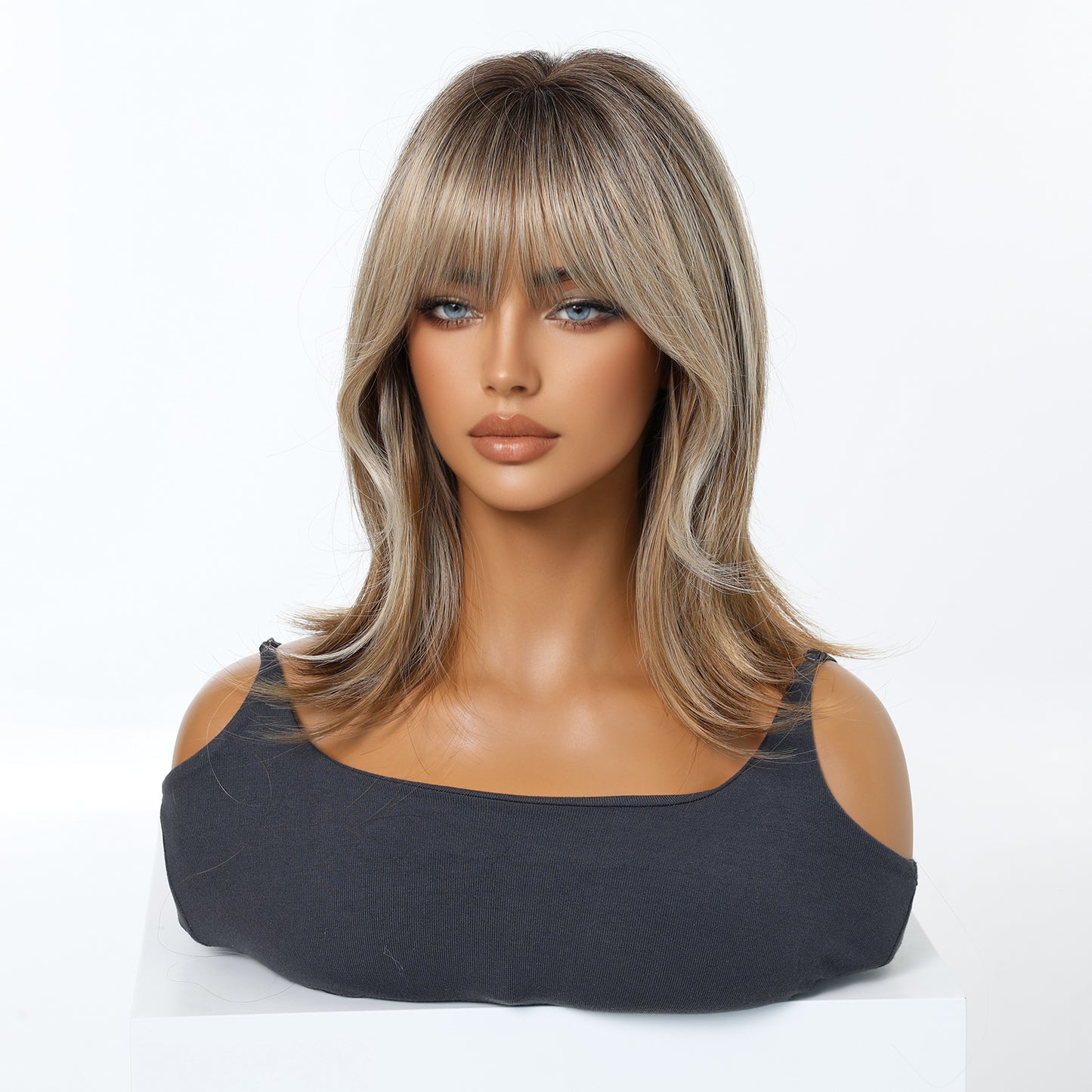 long bob brown to blonde balayage long bob with bangs synthetic wig back view