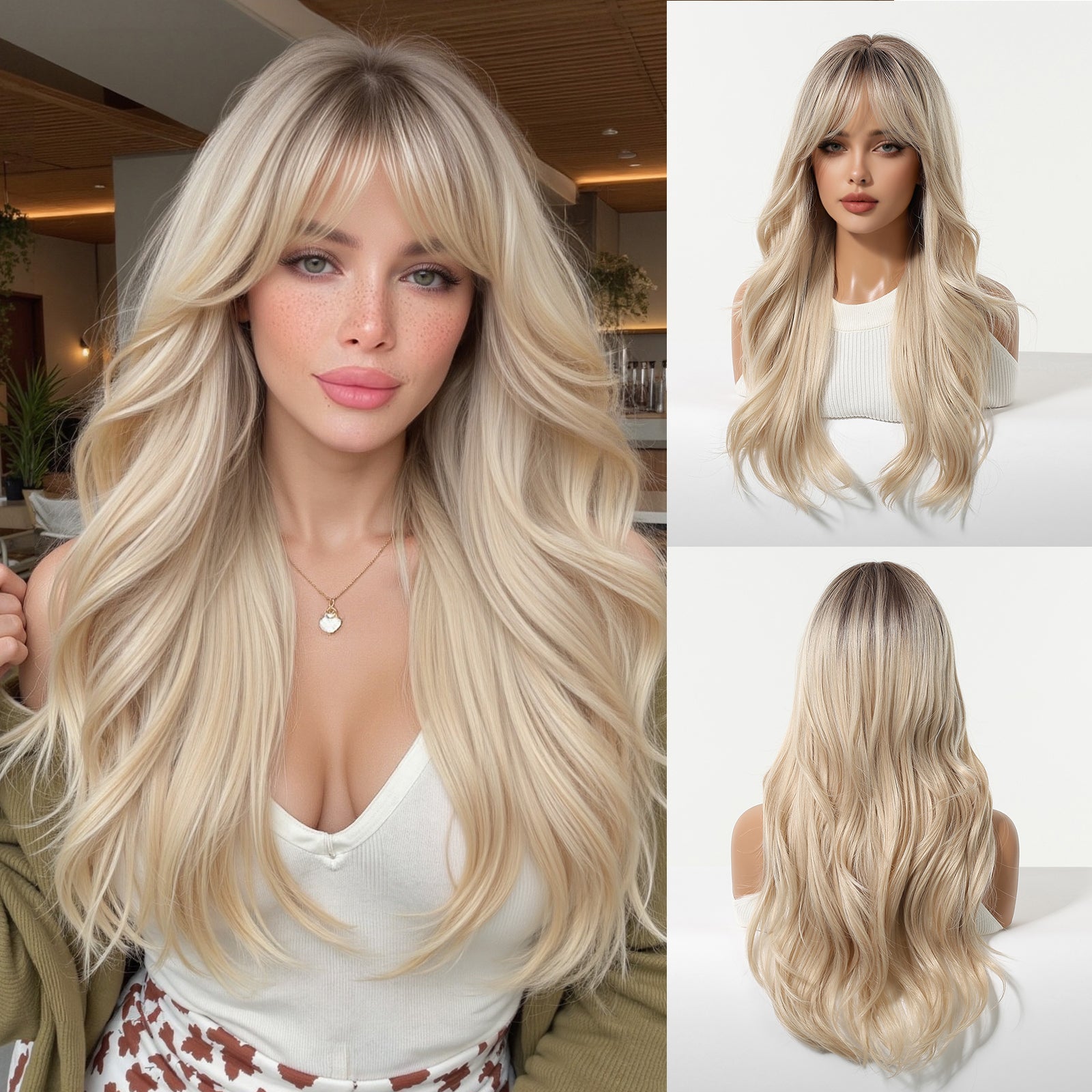 Platinum Blonde Body Wave Wig with Bangs - Honey Ash Highlighted Synthetic Hair 24 Inch - Synthetic Wig view 1