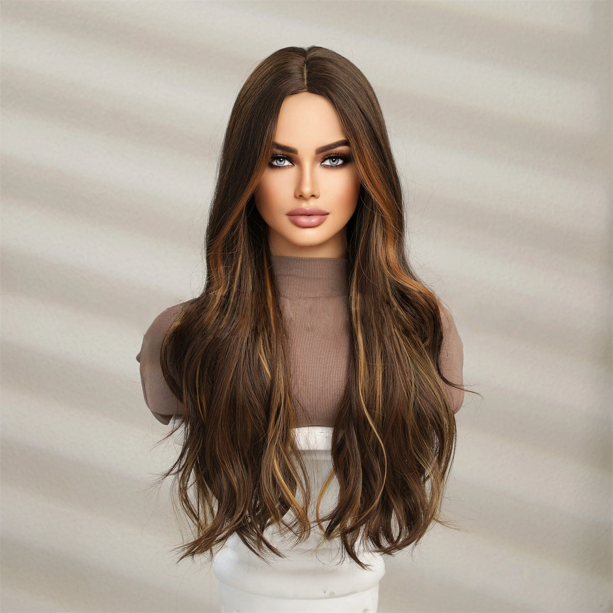 long medium brown wavy synthetic wig side view