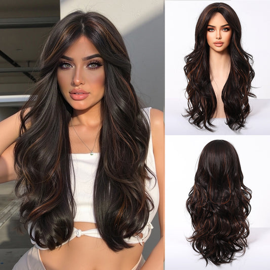 Dark Brown Long Deep Wave Wig with Bangs - Warm Chestnut Highlighted Synthetic Hair 24 Inch - Synthetic Wig view 1