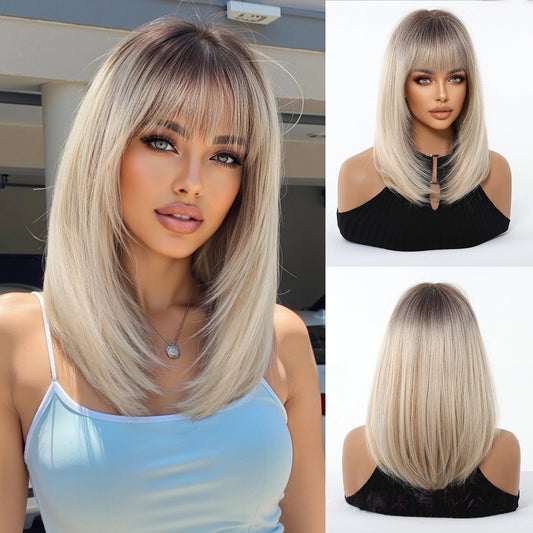 Ash Blonde Short Bob Wig with Bangs - Sleek Cool-Tone Synthetic Hair - Synthetic Wig view 1