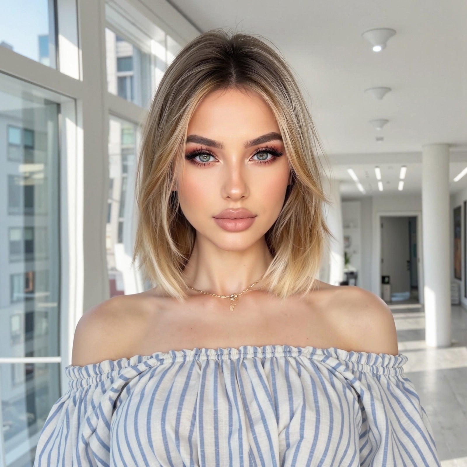 Ash Brown Honey Blonde Balayage Short Bob Wig - Golden Highlighted Synthetic Hair 10 Inch - Synthetic Wig view 1