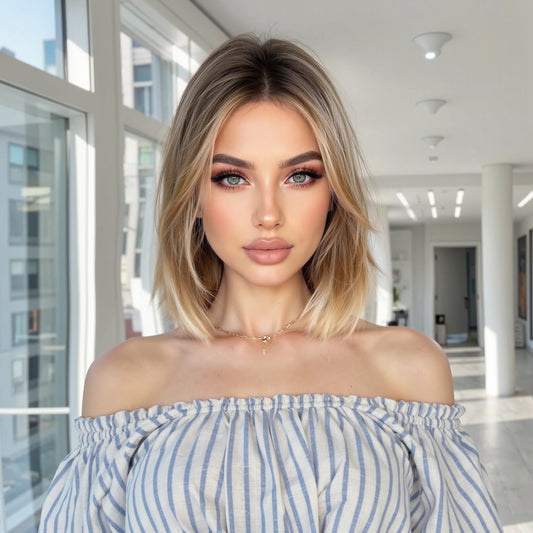 Ash Brown Honey Blonde Balayage Short Bob Wig - Golden Highlighted Synthetic Hair 10 Inch - Synthetic Wig view 1