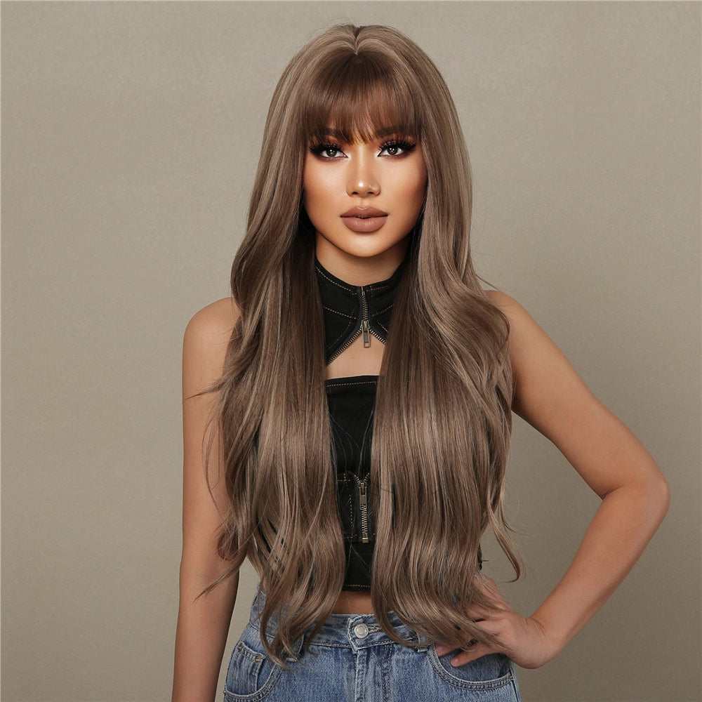 Mushroom Brown Caramel Body Wave Wig with Bangs - Cool Highlighted Synthetic Hair 24 Inch - Synthetic Wig view 5